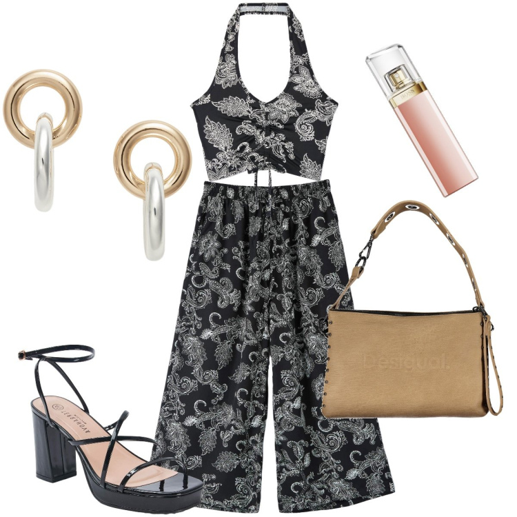 Outfit donna - Il completo bohèmien. Stile Boho per Serata fuori. Abbinamento con profumi, pantaloni a palazzo, top, sandali in pelle, orecchini, borse a spalla.