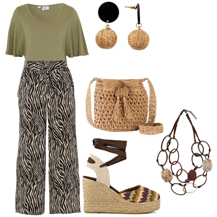 Outfit donna - Total look #1918058. Stile Casual per Ufficio. Abbinamento con pantaloni culotte, orecchini, maglieria, borse a tracolla, sandali col tacco, collane.