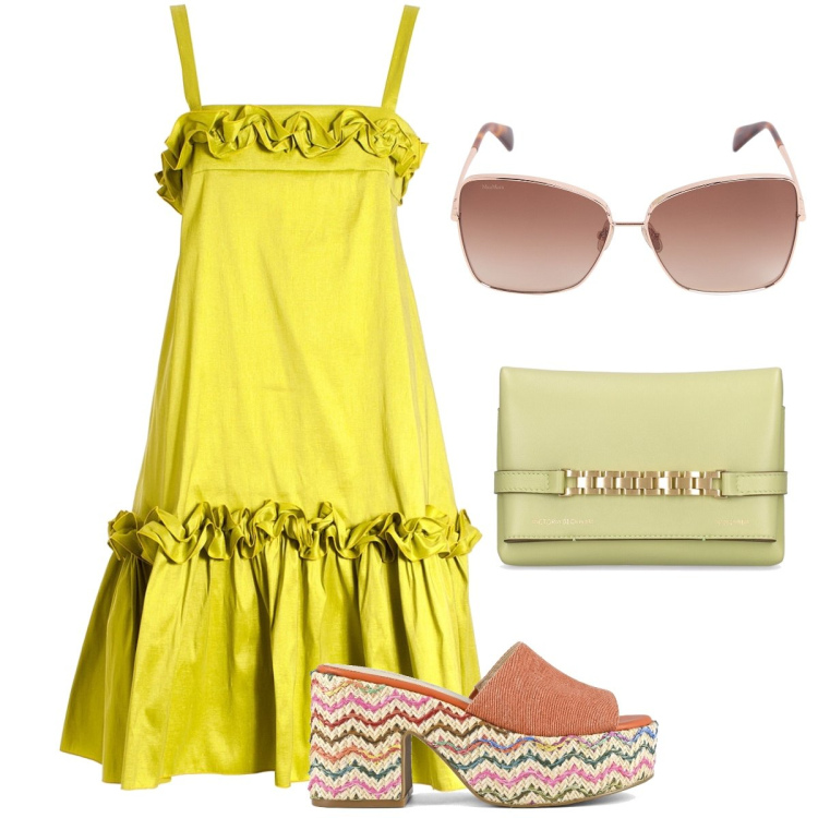 Outfit donna - Zeppe più abito. Stile Bon Ton per Serata fuori. Abbinamento con vestiti midi/longuette, sandali, pochette, occhiali da sole.