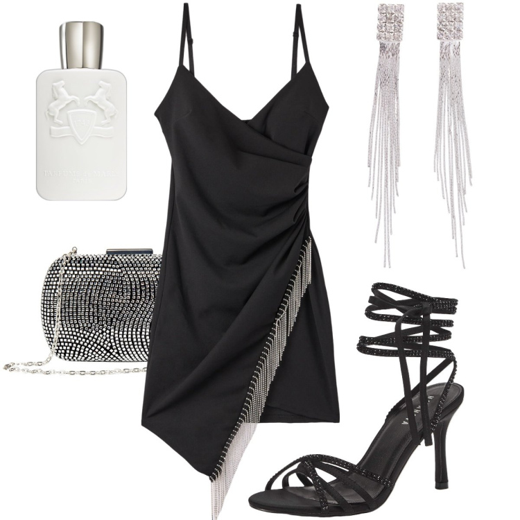 Outfit donna - La serata in discoteca. Stile Sexy per Serata fuori. Abbinamento con orecchini, profumi, vestiti asimmetrici, sandali alla schiava, clutch.