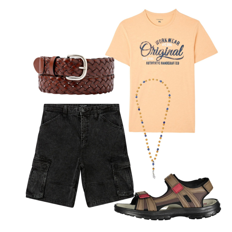 Outfit uomo - Original. Stile Urban per Tutti i giorni. Abbinamento con t-shirt, pantaloni corti, collane, sandali, cinture.