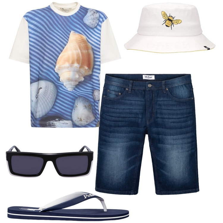 Outfit uomo - Mare. Stile Casual per Mare. Abbinamento con bermuda, sandali, cappelli, t-shirt, occhiali da sole.