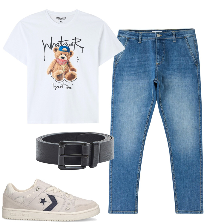 Outfit uomo - City. Stile Casual per Tutti i giorni. Abbinamento con t-shirt, jeans skinny, cinture, sneakers.
