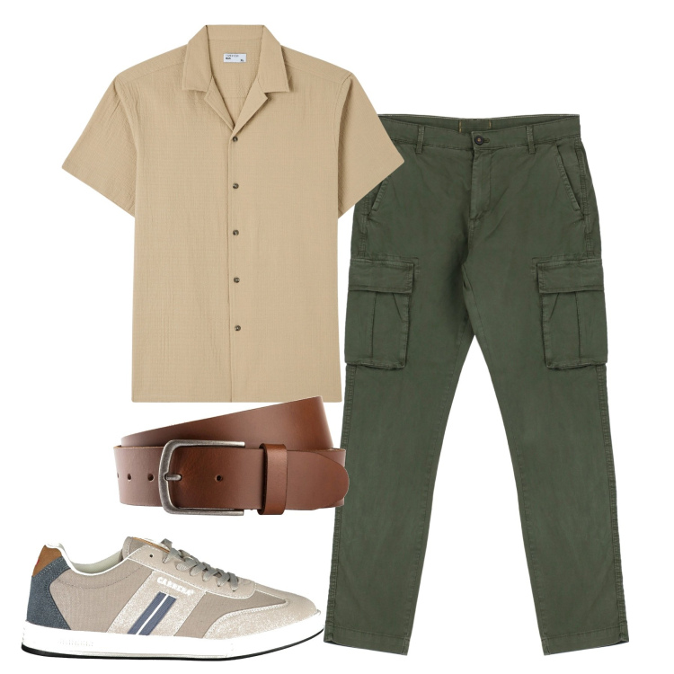 Outfit uomo - City. Stile Casual per Tutti i giorni. Abbinamento con cinture, camicie a manica corta, pantaloni cargo, sneakers.