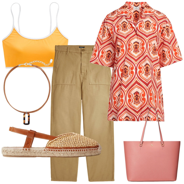 Outfit donna - Total look #1918096. Stile Casual per Tutti i giorni. Abbinamento con camicie a manica corta, pantaloni, ciondoli, borse tote, top, espadrillas.