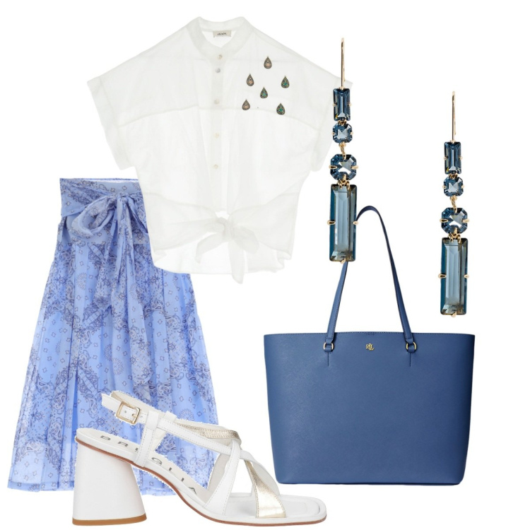 Outfit donna - Total look #1918098. Stile Casual chic per Mare. Abbinamento con sandali in pelle, gonne lunghe, camicie a manica corta, shopping bag, orecchini.