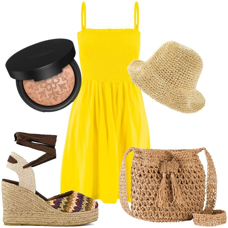 Outfit donna - La figlia del sole. Stile Basic per Tutti i giorni. Abbinamento con cappelli, vestiti, borse a tracolla, terre, sandali col tacco.