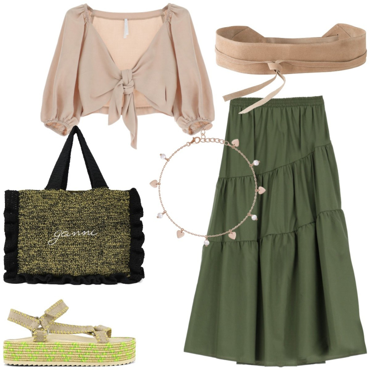 Outfit donna - Total look #1918138. Stile Boho per Tutti i giorni. Abbinamento con cinture, braccialetti con ciondoli, gonne lunghe, top, shopping bag, sandali.