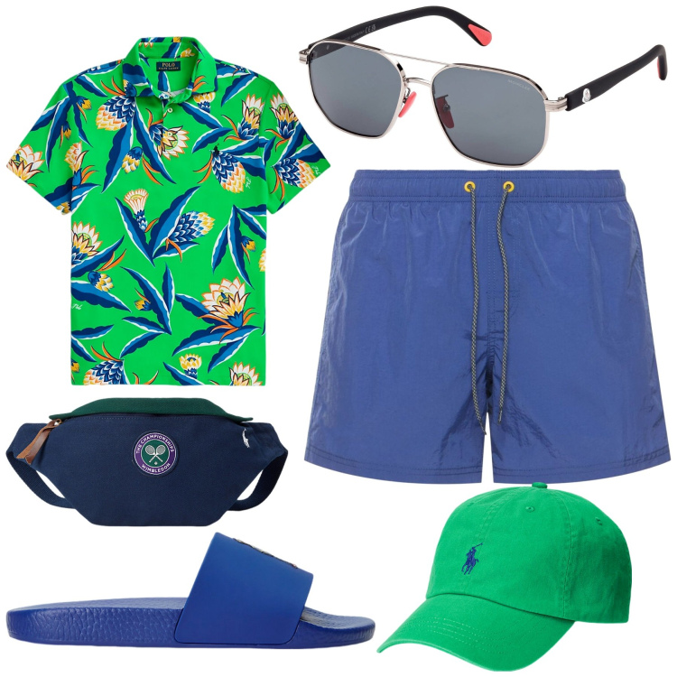 Outfit uomo - Mai più senza : verde e blue al mare. Stile Casual per Mare. Abbinamento con cappelli, sandali, borse sportive, polo, shorts, occhiali da sole.