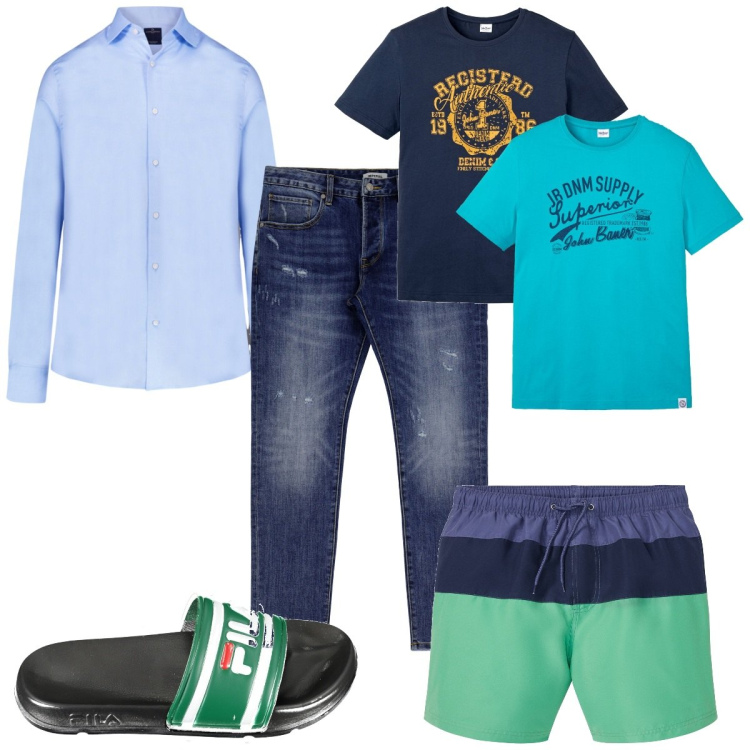 Outfit uomo - Must -have per le vacanze : il costume. Stile Trendy per Serata speciale. Abbinamento con t-shirt, costumi, jeans slim fit, camicie, sandali.