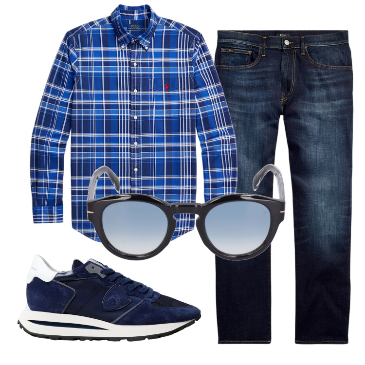 Outfit uomo - Total look #1918202. Stile Casual per Tutti i giorni. Abbinamento con jeans dritti, camicie, occhiali da sole, sneakers.
