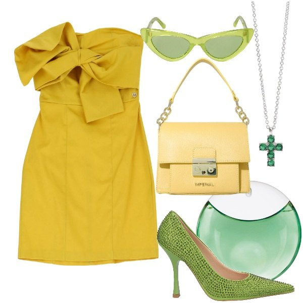 Outfit donna - Il vestito col fiocco. Stile Glamour per Serata fuori. Abbinamento con décolleté, profumi, ciondoli, vestiti corti, pochette, occhiali da sole.