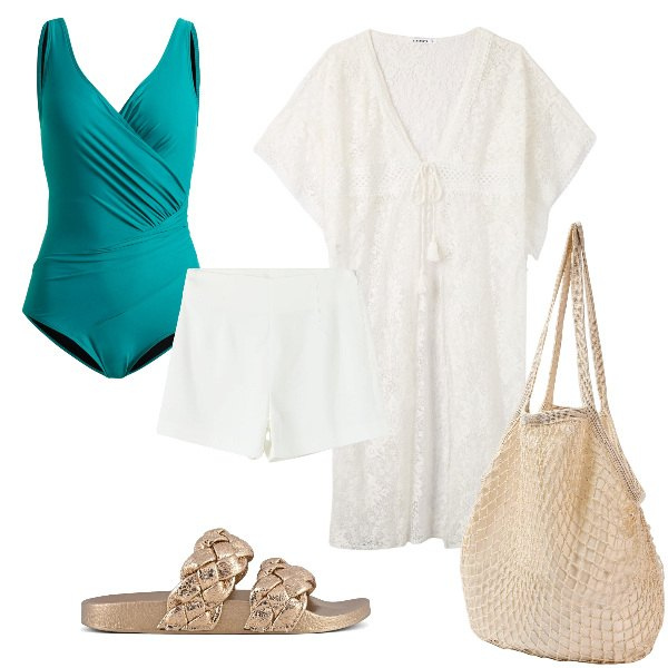 Outfit donna - Total look #1918215. Stile Boho per Mare. Abbinamento con costumi interi, caftani, borse a spalla, shorts, ciabatte.