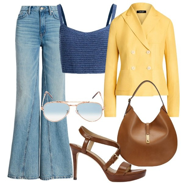 Outfit donna - Blazer impeccabile. Stile Casual chic per Tutti i giorni. Abbinamento con borse a spalla, blazer, jeans, sandali in pelle, canottiere, occhiali da sole.