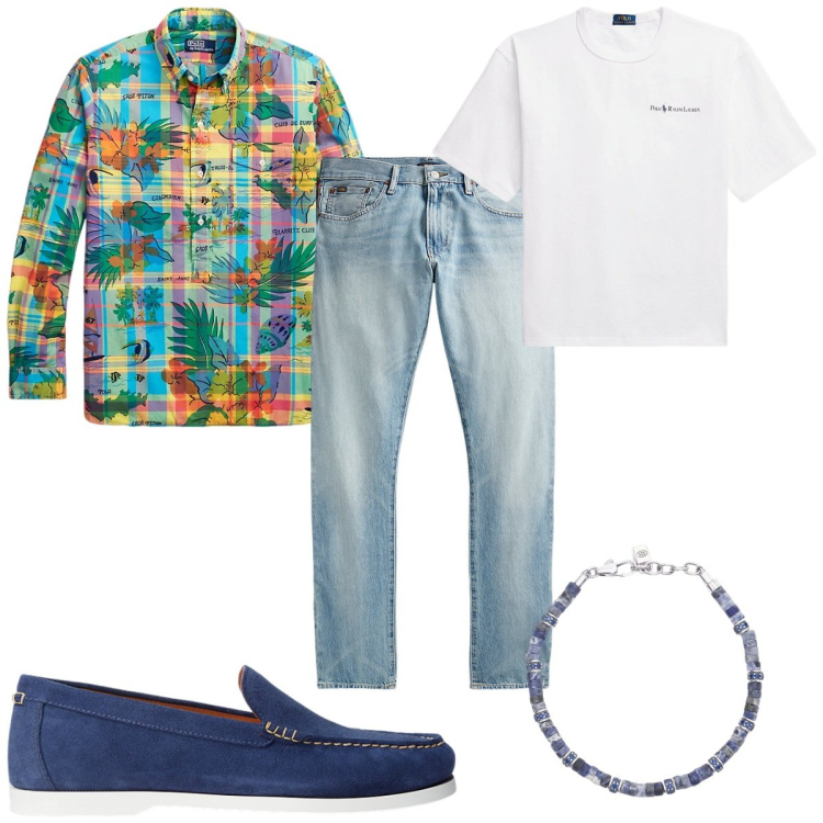 Outfit uomo - Il mio compleanno in vacanza. Stile Trendy per Tutti i giorni. Abbinamento con braccialetti, scarpe stringate, jeans, t-shirt, camicie.