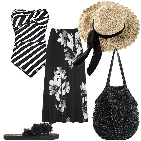Outfit donna - Total look #1918227. Stile Romantica per Mare. Abbinamento con cappelli, gonne, costumi interi, borse a tracolla, infradito.