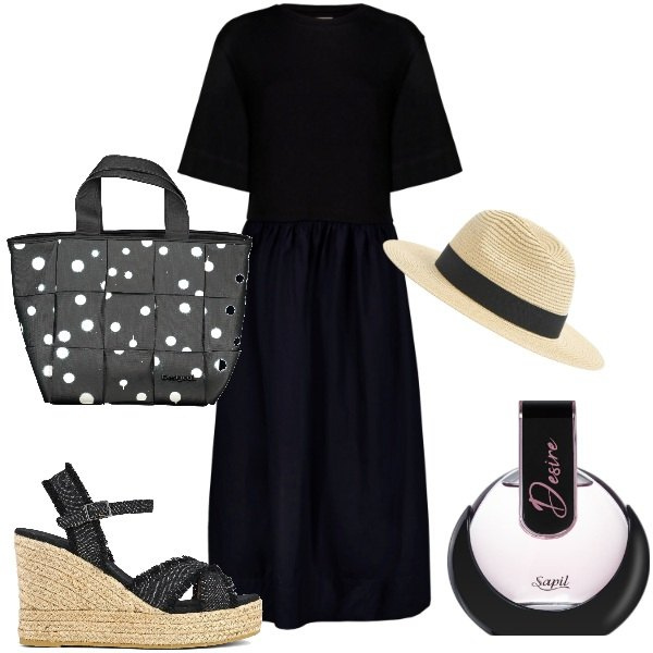 Outfit donna - Total look #1918234. Stile Trendy per Tutti i giorni. Abbinamento con profumi, cappelli, vestiti midi/longuette, borse a spalla, sandali.