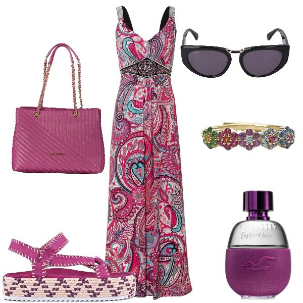 Outfit donna - Zeppe + abito. Stile Boho per Tutti i giorni. Abbinamento con vestiti lunghi, profumi, anelli, sandali, borse a spalla, occhiali da sole.