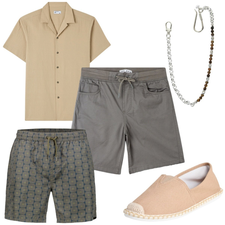 Outfit uomo - Total look #1918244. Stile Trendy per Mare. Abbinamento con espadrillas, camicie a manica corta, shorts, collane, costumi.