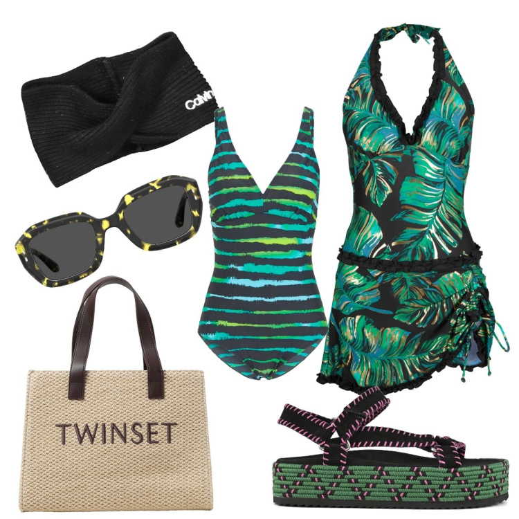 Outfit donna - Come una diva. Stile Glamour per Mare. Abbinamento con vestiti da spiaggia, costumi interi, sandali, occhiali da sole, borse a mano, fasce per capelli.