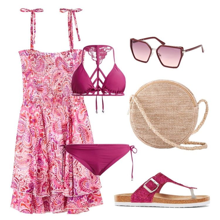 Outfit donna - Bikini preferito!!!. Stile Boho per Mare. Abbinamento con borse a tracolla, bikini, infradito, vestiti, occhiali da sole.