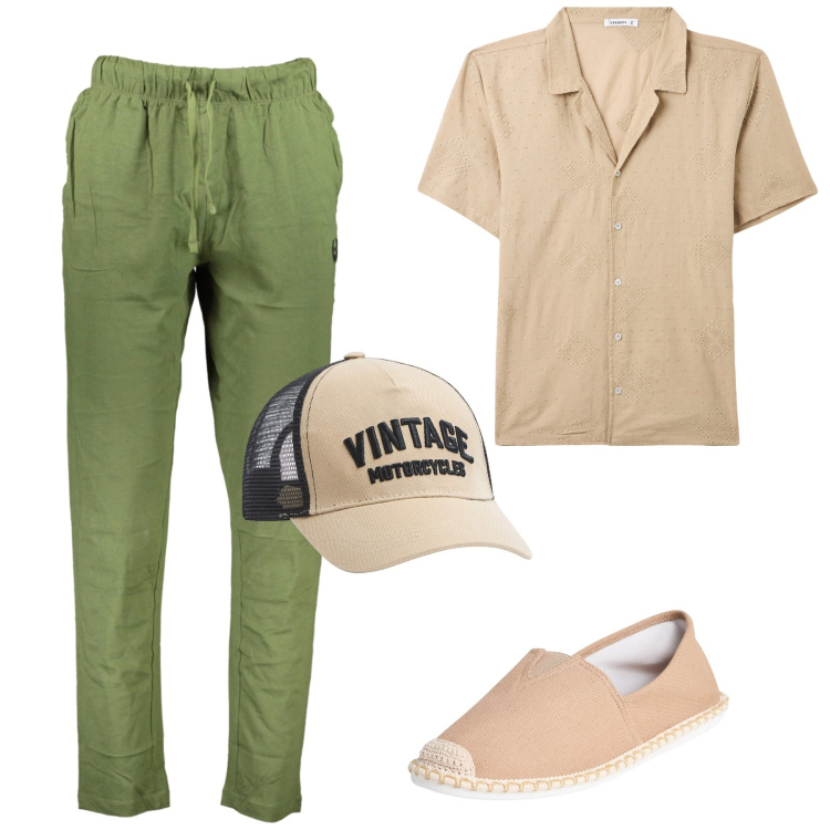 Outfit uomo - In vacanza. Stile Urban per Tutti i giorni. Abbinamento con espadrillas, camicie a manica corta, cappelli, pantaloni.