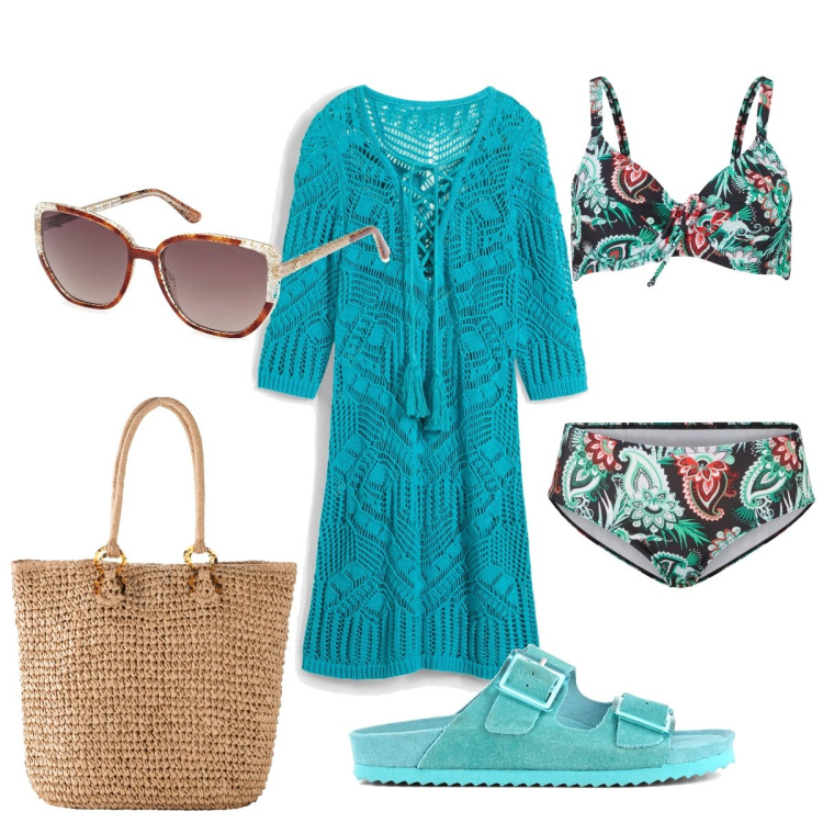 Outfit donna - Il copricostume turchese crochet. Stile Glamour per Mare. Abbinamento con bikini, vestiti da spiaggia, shopping bag, sandali, occhiali da sole.
