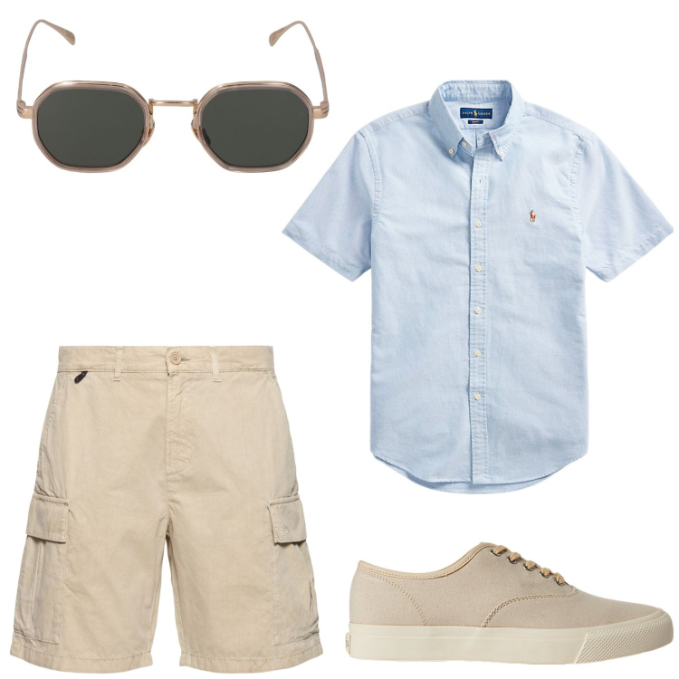 Outfit uomo - I must-have estivi. Stile Casual per Tutti i giorni. Abbinamento con sneakers, camicie a manica corta, occhiali da sole, shorts.