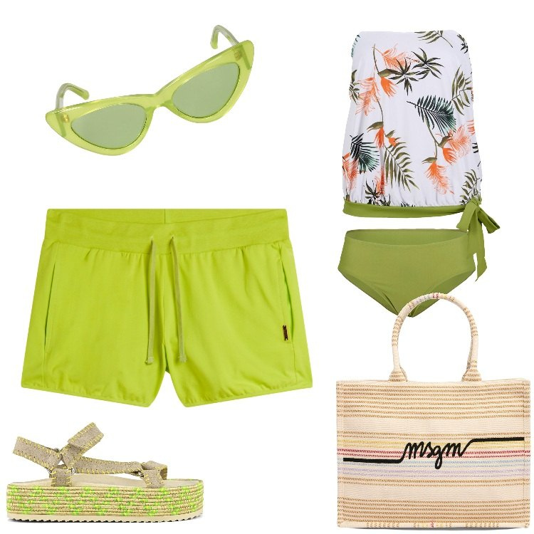 Outfit donna - Guacamole. Stile Basic per Mare. Abbinamento con costumi interi, shorts, sandali, shopping bag, occhiali da sole.
