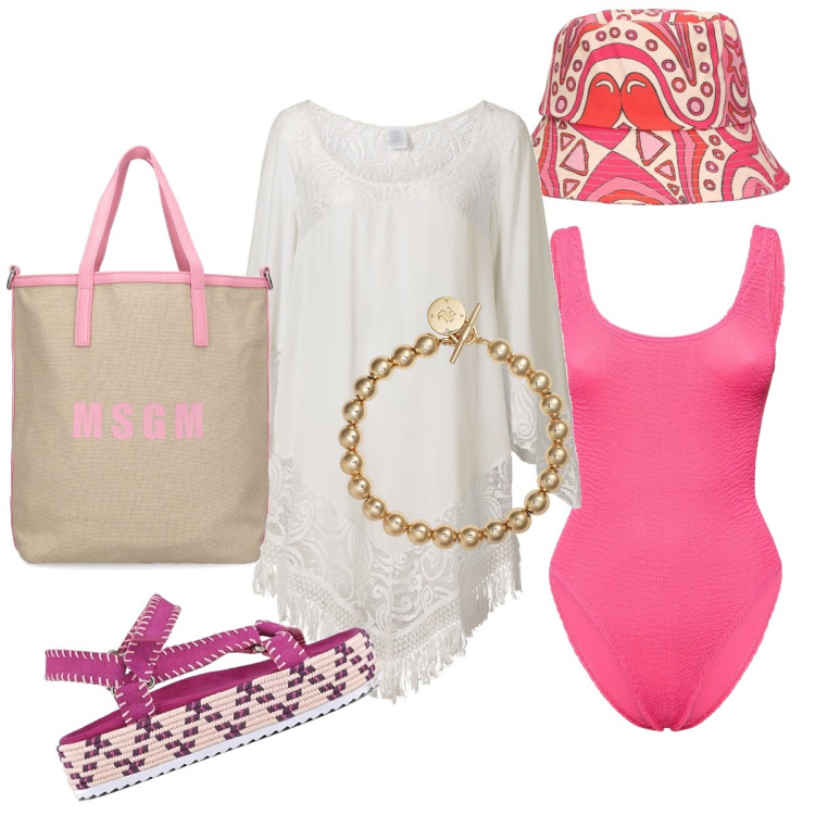 Outfit donna - Total look #1918304. Stile Casual chic per Mare. Abbinamento con vestiti da spiaggia, braccialetti, sandali, shopping bag, costumi interi, cappelli.