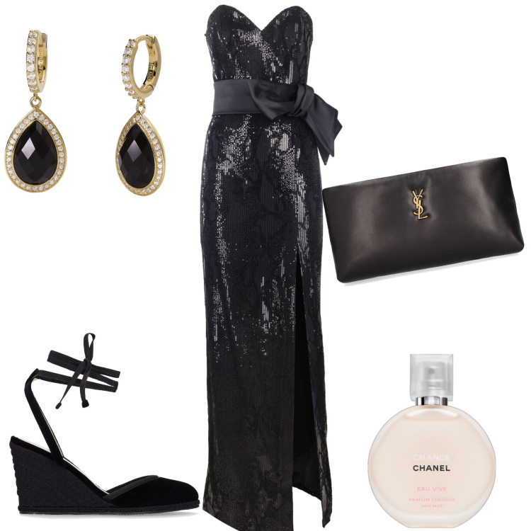 Outfit donna - Non il solito stiletto. Stile Glamour per Serata fuori. Abbinamento con profumi, orecchini, vestiti lunghi, pochette, espadrillas.