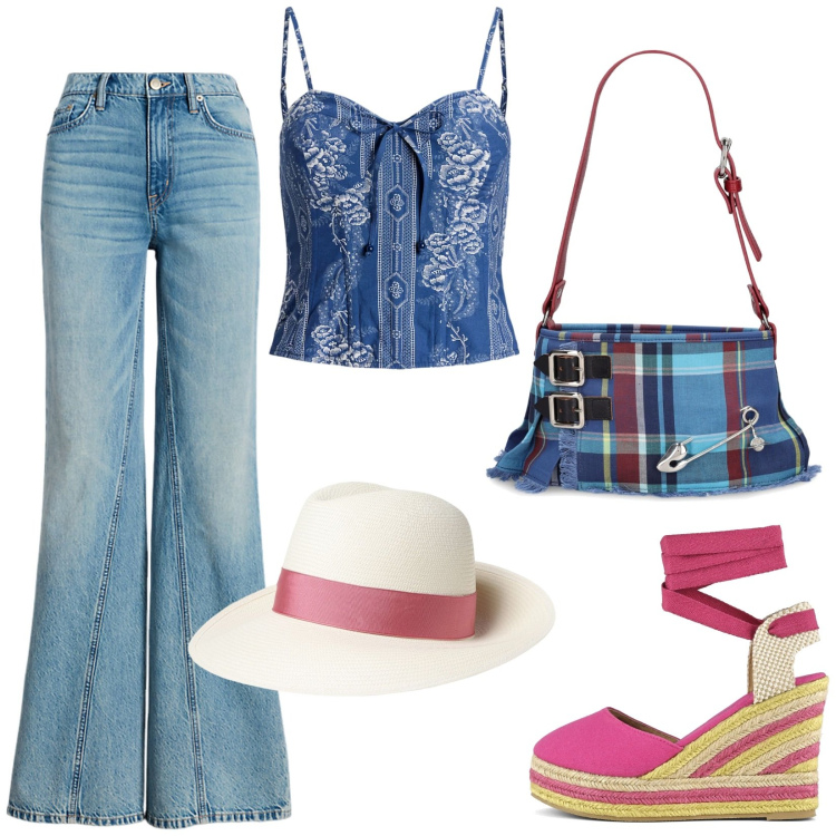 Outfit donna - Stile bohemien. Stile Boho per Serata fuori. Abbinamento con jeans, top, espadrillas, borse a spalla, cappelli.