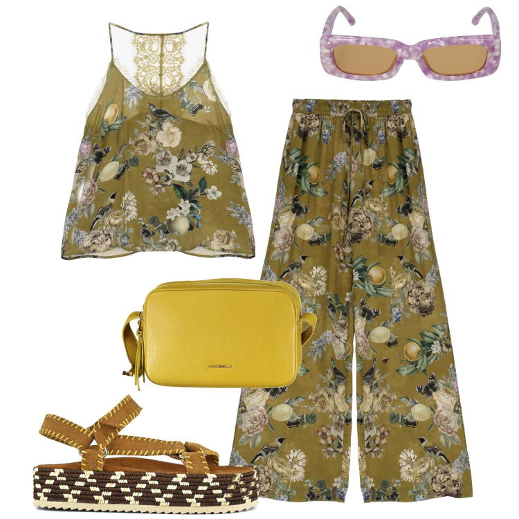 Outfit donna - Total look #1918327. Stile Trendy per Tutti i giorni. Abbinamento con pantaloni a palazzo, canottiere, sandali, borse a tracolla, occhiali da sole.