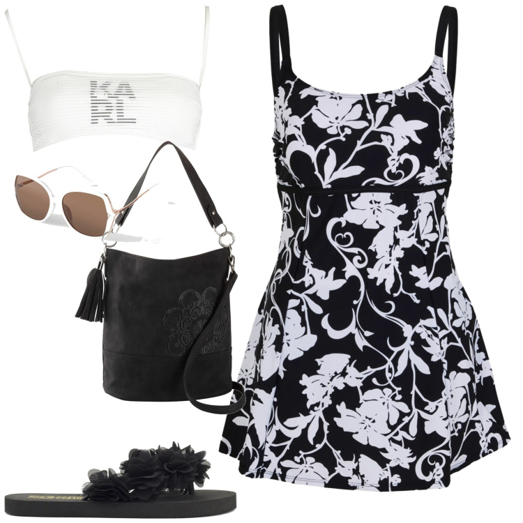 Outfit donna - Mare. Stile Romantica per Mare. Abbinamento con borse a mano, vestiti da spiaggia, occhiali da sole, infradito, costumi.
