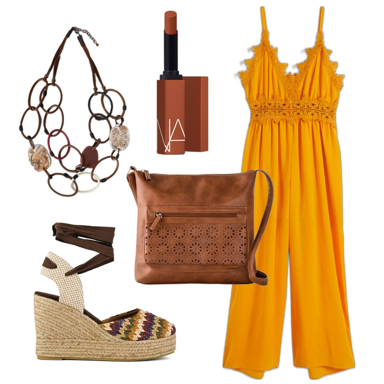 Outfit donna - Curry e altre spezie. Stile Boho per Tutti i giorni. Abbinamento con borse a tracolla, tute, rossetti, collane, sandali col tacco.