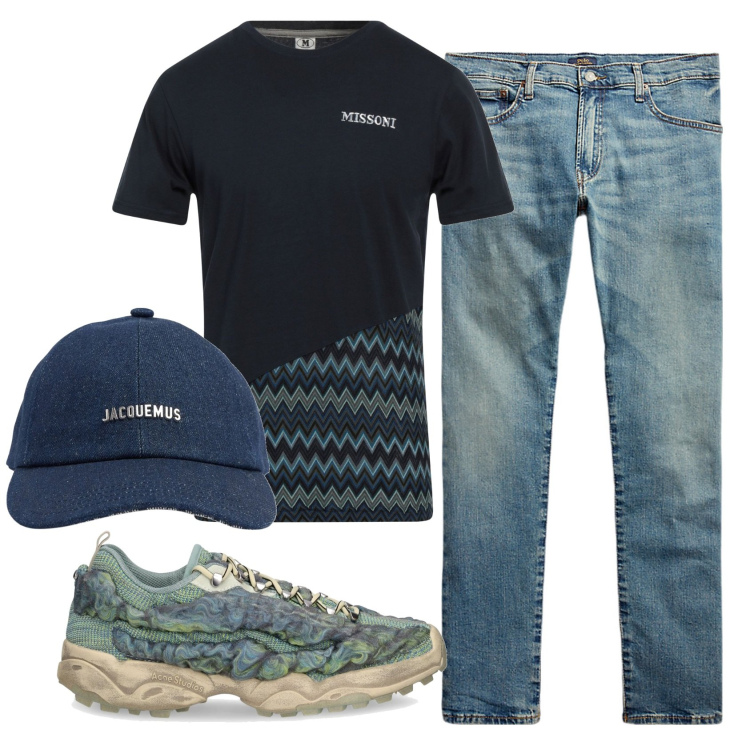 Outfit uomo - Total look #1918345. Stile Trendy per Tutti i giorni. Abbinamento con t-shirt, jeans, cappelli, sneakers.