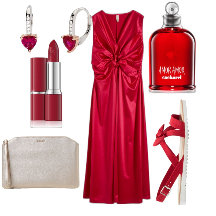 Outfit donna - Serata cherry. Stile Glamour per Serata fuori. Abbinamento con vestiti, sandali, profumi, rossetti, orecchini, clutch.