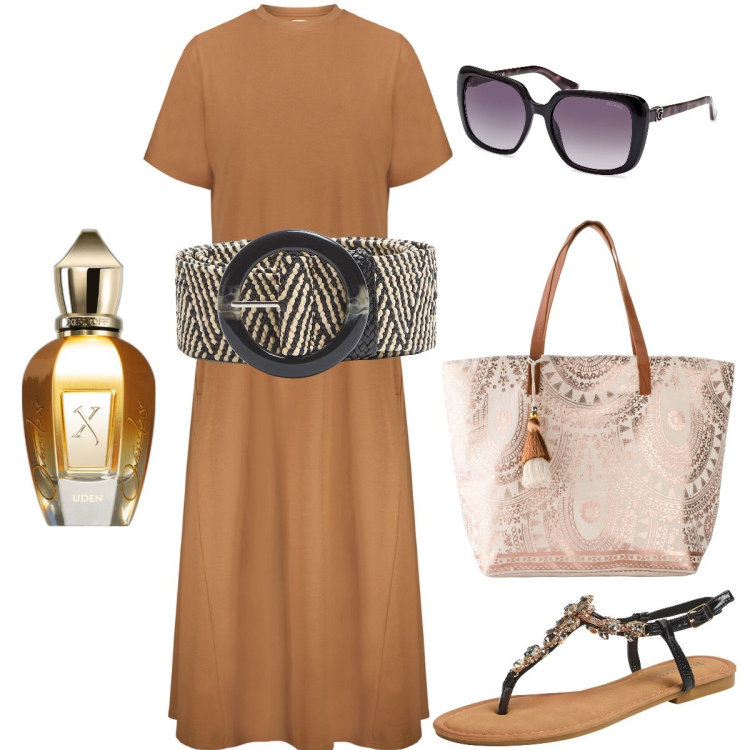 Outfit donna - L’abito col cinturone. Stile Casual chic per Tutti i giorni. Abbinamento con shopping bag, cinture, sandali gioiello, profumi, vestiti midi/longuette, occhiali da sole.