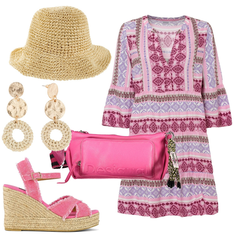 Outfit donna - Luglio in crociera. Stile Boho per Tutti i giorni. Abbinamento con vestiti, cappelli, orecchini, sandali col tacco, borse a spalla.