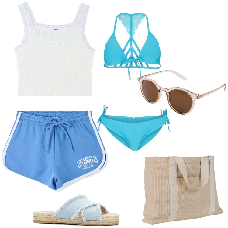 Outfit donna - Al mare col costume turchese. Stile Urban per Mare. Abbinamento con occhiali da sole, bikini, ciabatte, shorts, top, shopping bag.