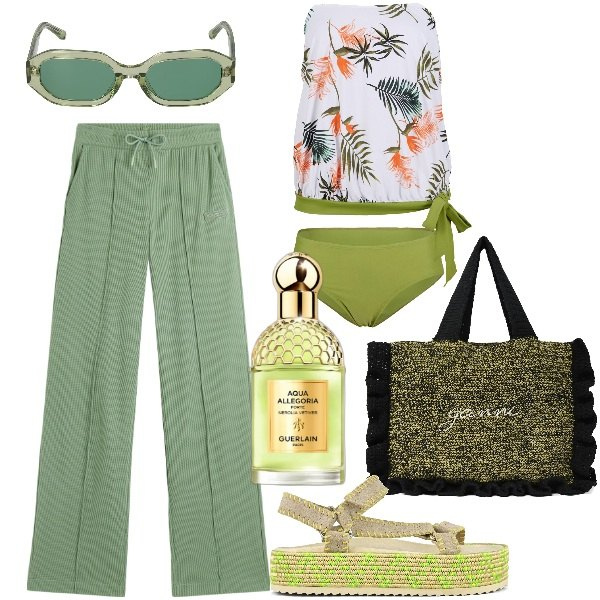 Outfit donna - Total look #1918395. Stile Basic per Mare. Abbinamento con costumi interi, profumi, pantaloni, shopping bag, sandali, occhiali da sole.