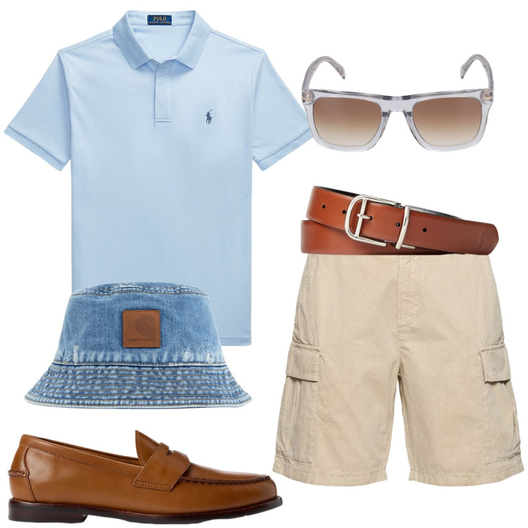 Outfit uomo - Must-have - bermuda. Stile Casual per Mare. Abbinamento con scarpe stringate, polo, cinture, occhiali da sole, shorts, cappelli.