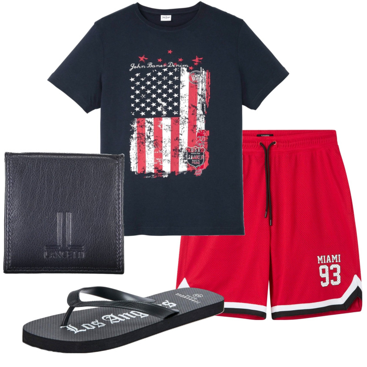 Outfit uomo - Total look #1918423. Stile Casual per Mare. Abbinamento con t-shirt, bermuda, sandali, portamonete.