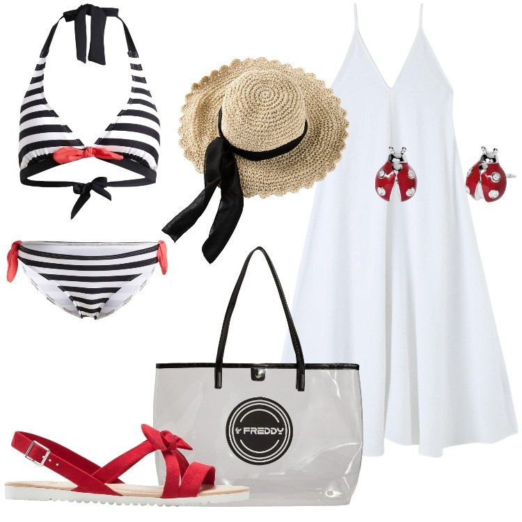 Outfit donna - I costumi per l’estate. Stile Romantica per Mare. Abbinamento con bikini, cappelli, sandali, vestiti lunghi, orecchini, shopping bag.