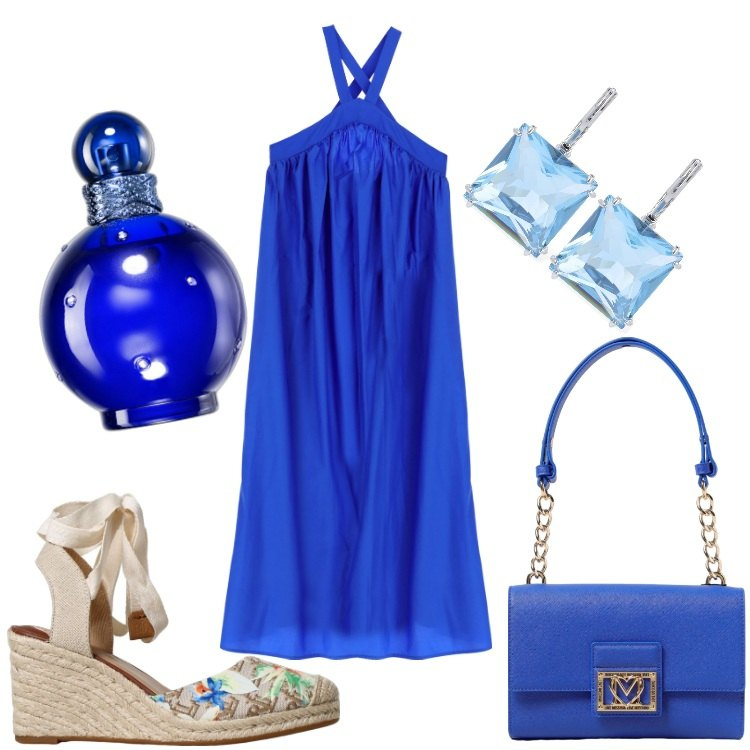 Outfit donna - Profumo di blu. Stile Casual chic per Serata fuori. Abbinamento con profumi, vestiti lunghi, orecchini, zeppe, borse a spalla.