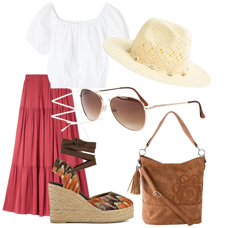 Outfit donna - Stile Bohémien. Stile Boho per Tutti i giorni. Abbinamento con borse a mano, occhiali da sole, gonne lunghe, bluse, cappelli, sandali col tacco.