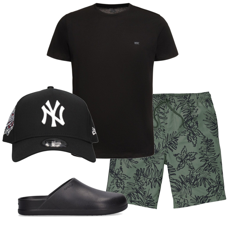 Outfit uomo - Total look #1918440. Stile Casual per Mare. Abbinamento con pantaloni corti, pantofole, t-shirt, cappelli.