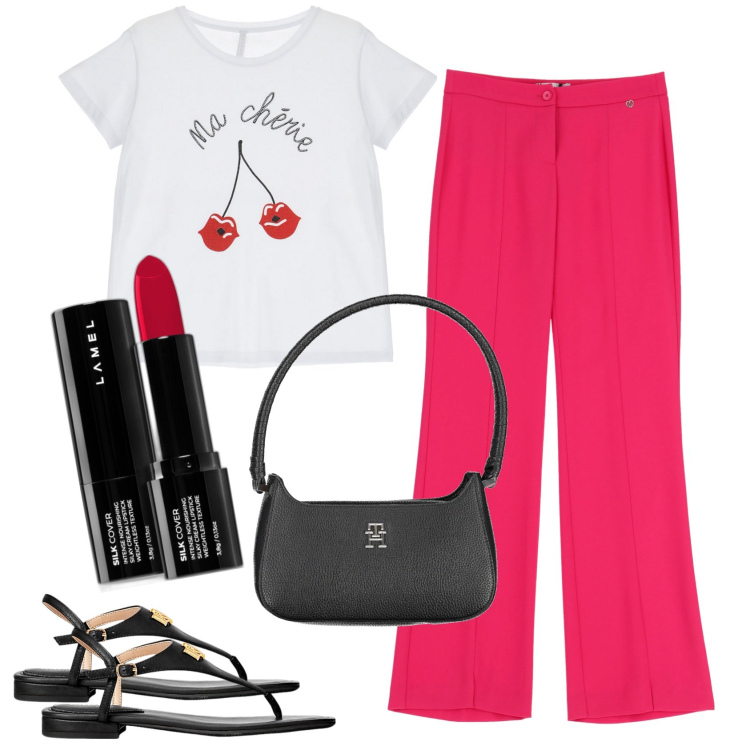 Outfit donna - Cherry red at work. Stile Casual chic per Ufficio. Abbinamento con rossetti, pantaloni, t-shirt, sandali in pelle, borse a spalla.
