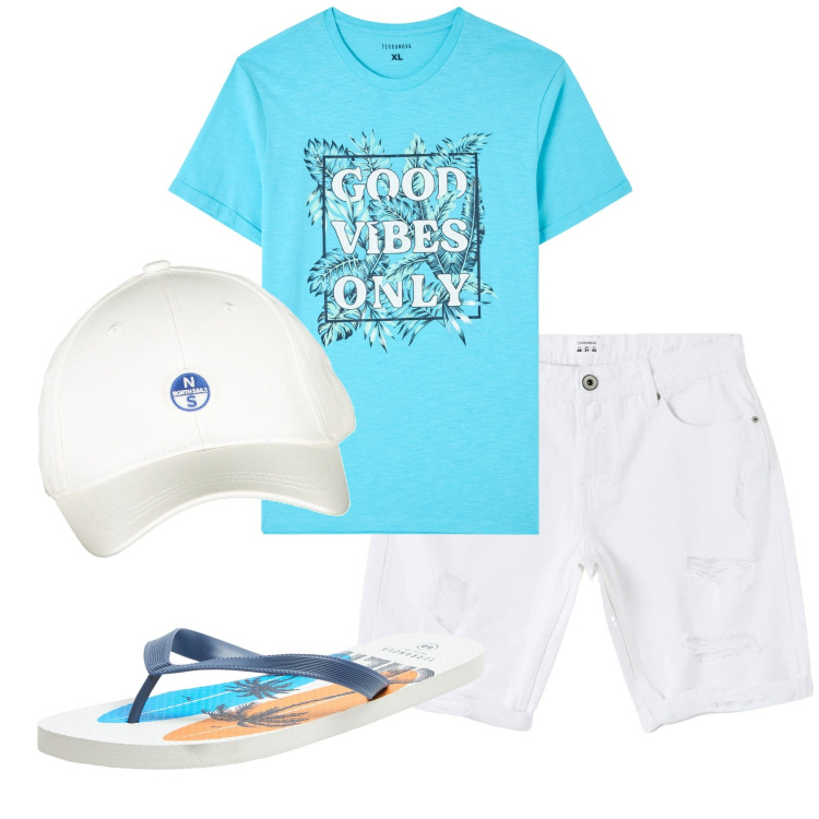Outfit uomo - Total look #1918446. Stile Casual per Mare. Abbinamento con bermuda, sandali, t-shirt, cappelli con visiera.