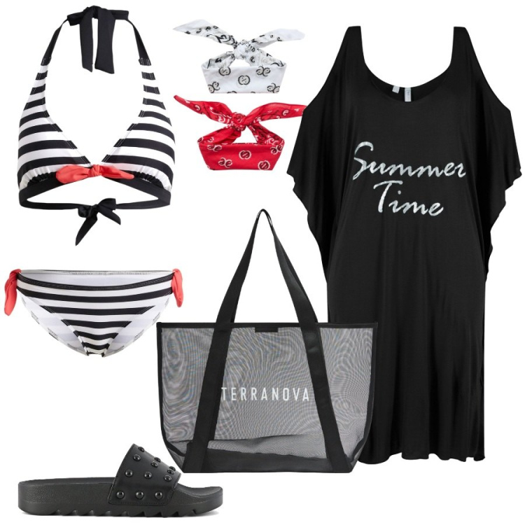 Outfit donna - Total look #1918447. per Mare. Abbinamento con bikini, vestiti da spiaggia, shopping bag, fasce per capelli, ciabatte.